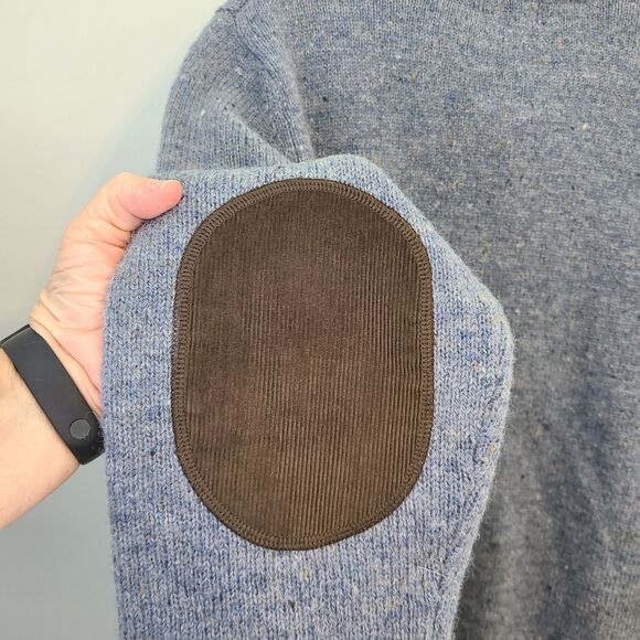 LL Bean Mens M 1/4 Zip Sweater Shetland Wool Blue Corduroy Elbow Patches Preppy - Picture 7 of 12